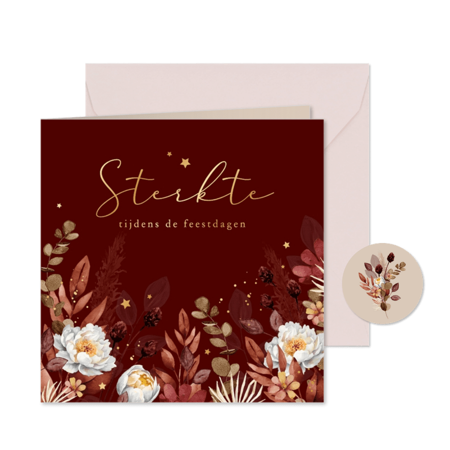 Sterkte kerstkaart bloemen gouden sterretjes feestdagen - Kaartimpressie