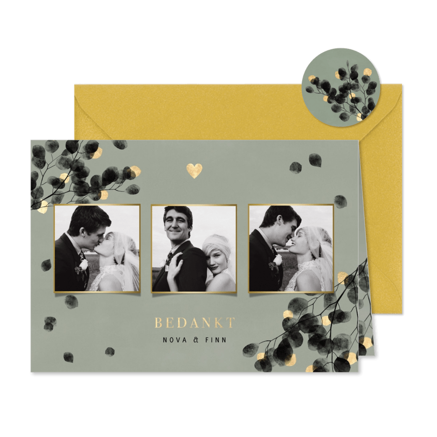 Stijlvol bedankkaartje eucalyptus waterverf fotocollage - Kaartimpressie
