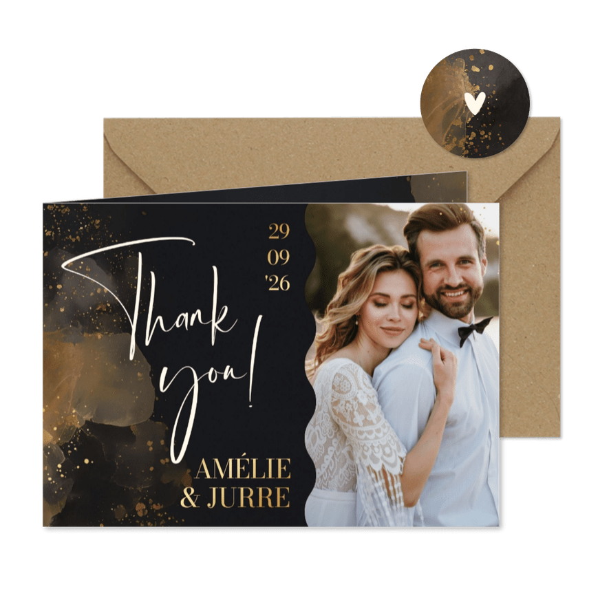 Stijlvol bedankkaartje grijs waterverf goud thank you foto - Kaartimpressie