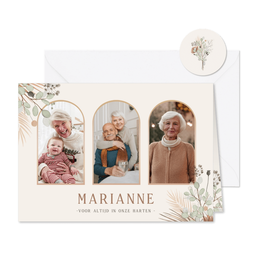 Stijlvol bedankkaartje na overlijden met foto's en bloemen - Kaartimpressie