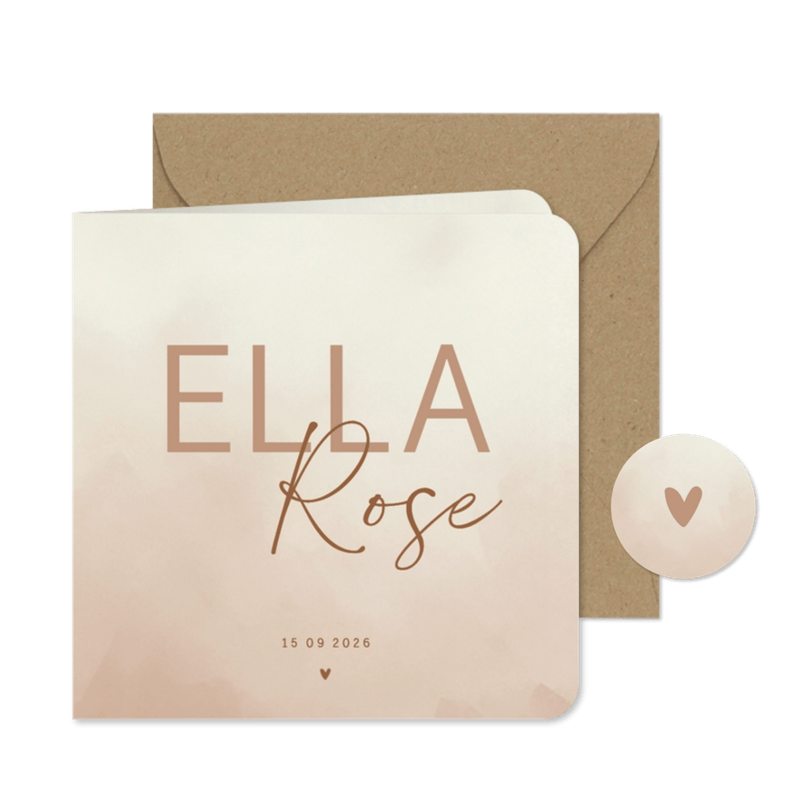 Stijlvol beige geboortekaartje met waterverf structuur - Kaartimpressie