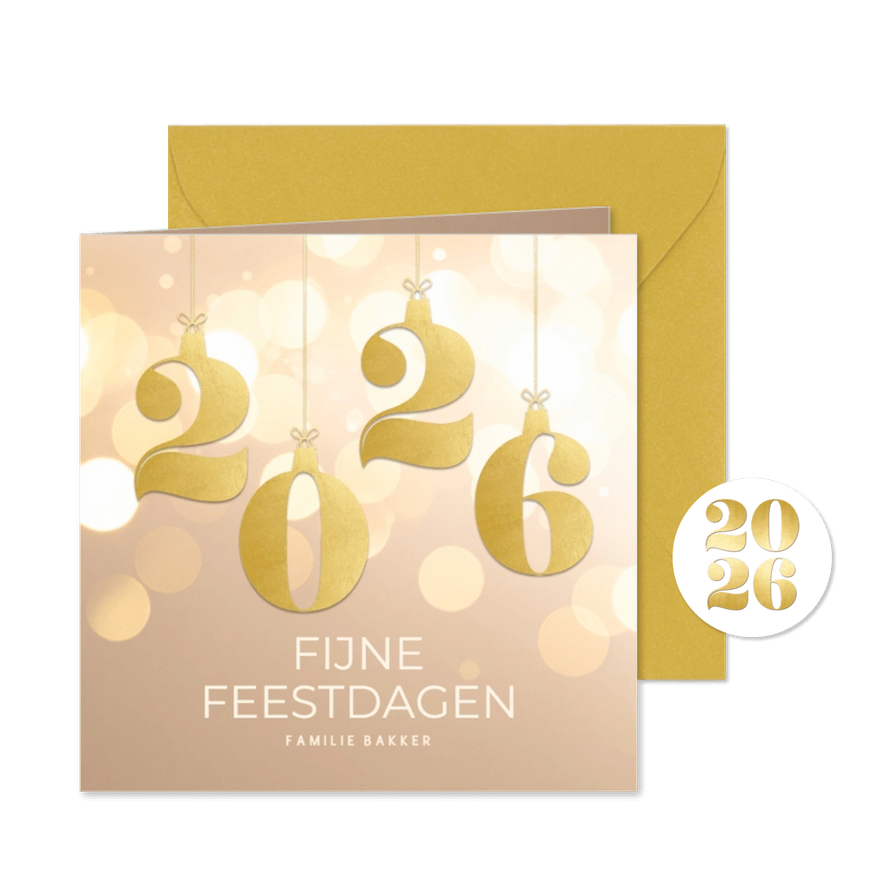 Stijlvol beige kerstkaartje 2026 goud met bokeh - Kaartimpressie