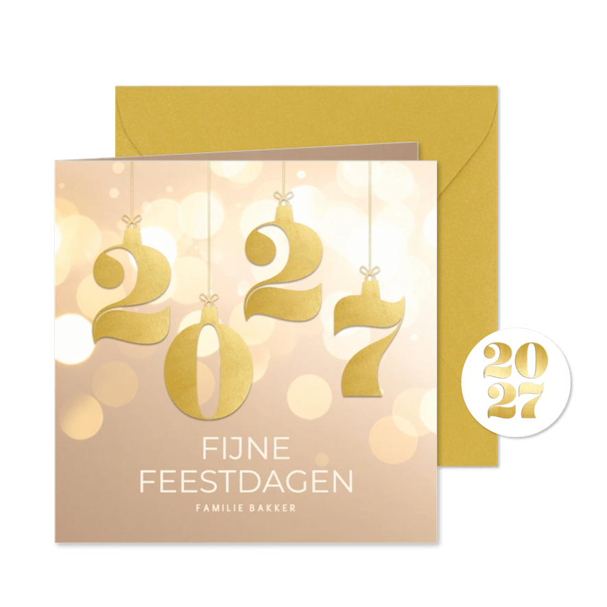 Stijlvol beige kerstkaartje 2027 goud met bokeh - Kaartimpressie