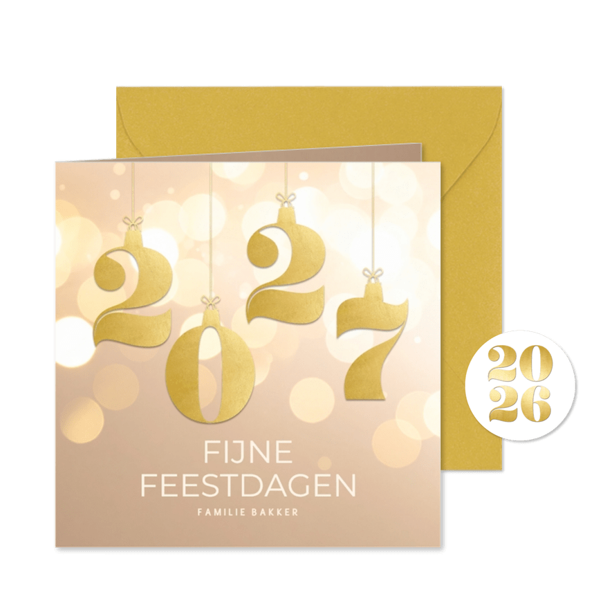 Stijlvol beige kerstkaartje 2027 goud met bokeh - Kaartimpressie