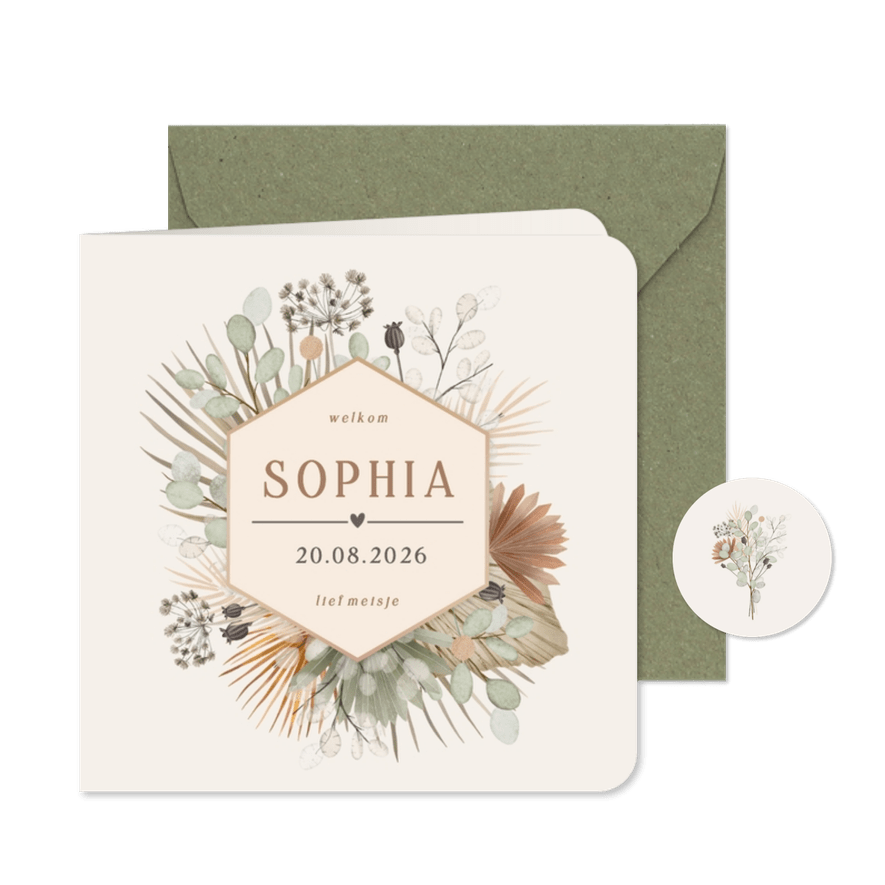 Stijlvol bohemian geboortekaartje met droogbloemen en naam - Kaartimpressie