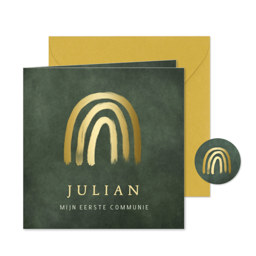 Stijlvol communiekaart uitnodiging met gouden regenboog - Kaartimpressie
