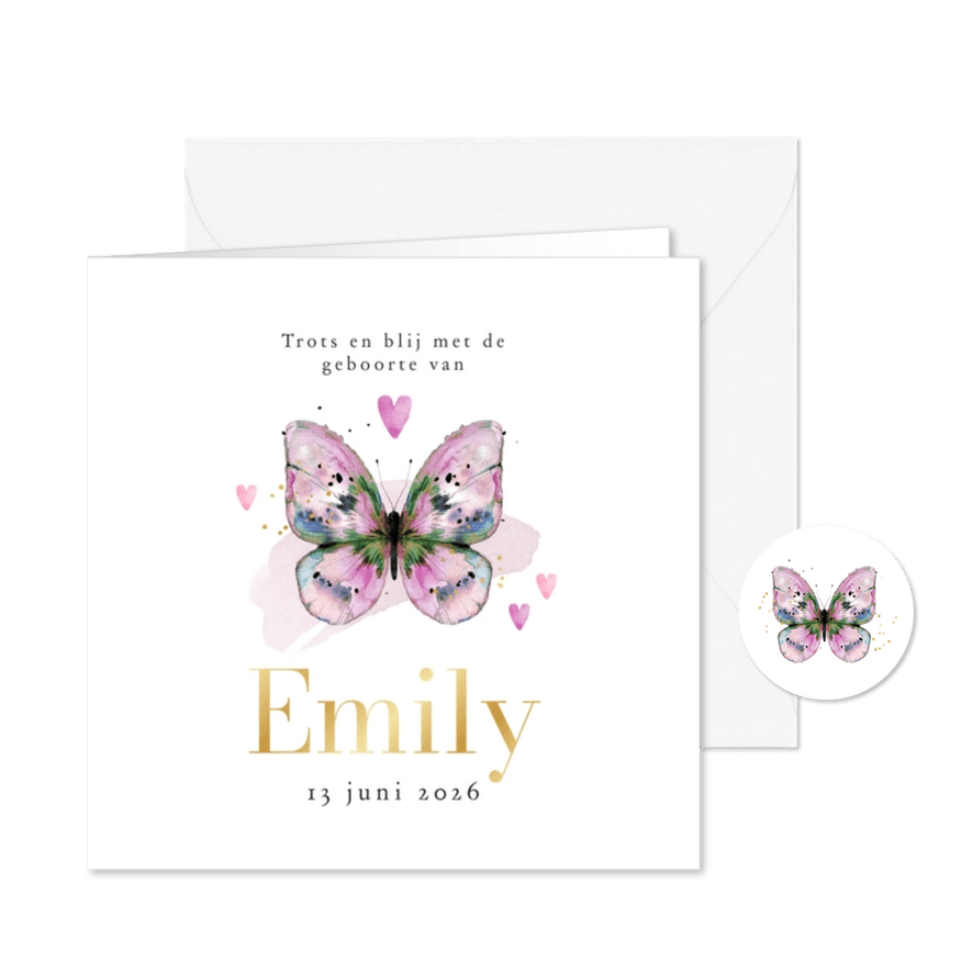 Stijlvol en lief geboortekaartje watercolor vlinder roze  - Kaartimpressie