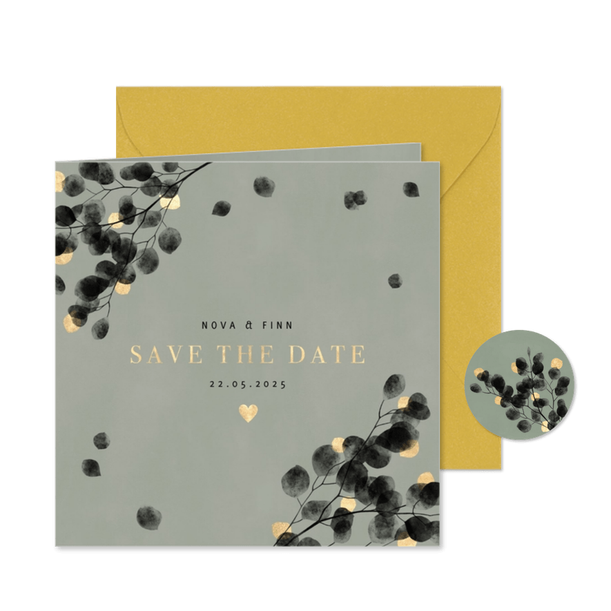 Stijlvol eucalyptus en goud save the date kaart waterverf - Kaartimpressie