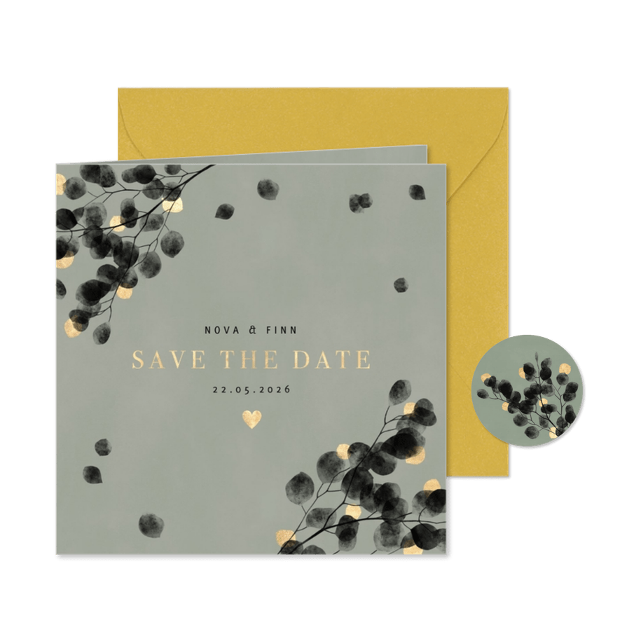 Stijlvol eucalyptus en goud save the date kaart waterverf - Kaartimpressie