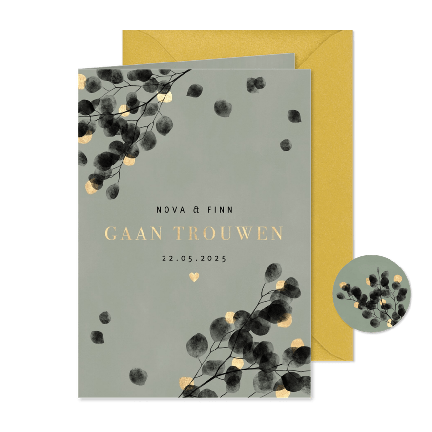 Stijlvol eucalyptus waterverf zwart en gouden trouwkaart - Kaartimpressie