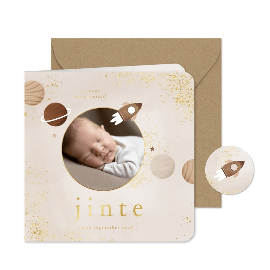 Stijlvol geboortekaart met foto planeten sterren goudfolie - Kaartimpressie