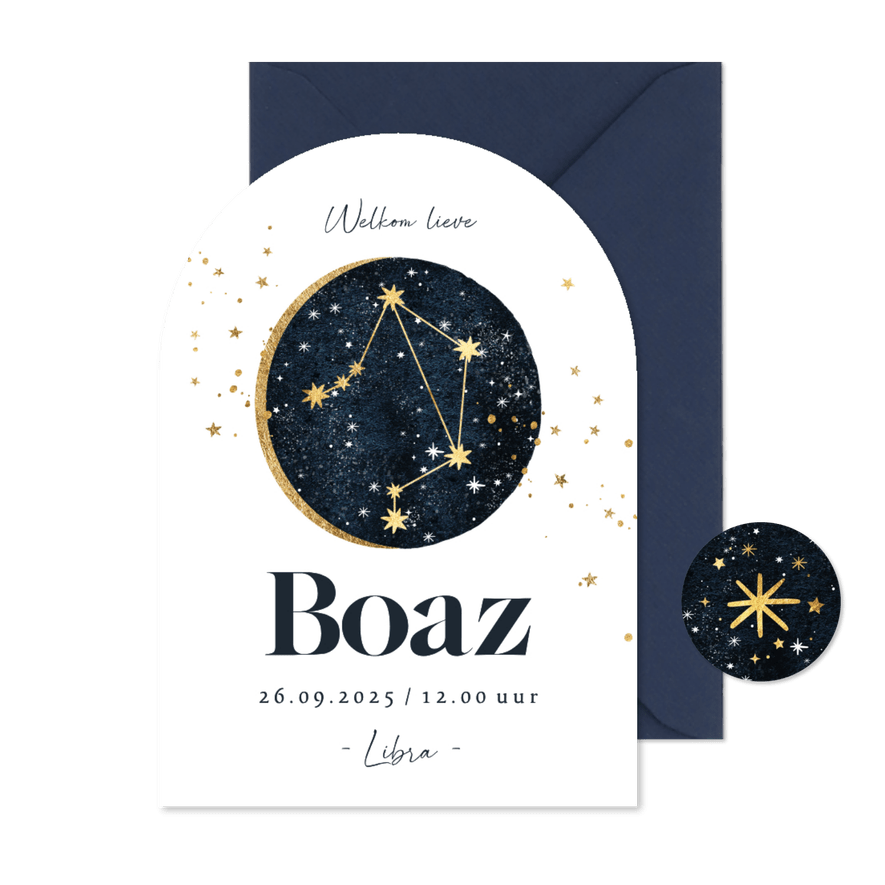 Stijlvol geboortekaartje astrologie weegschaal sterren maan - Kaartimpressie