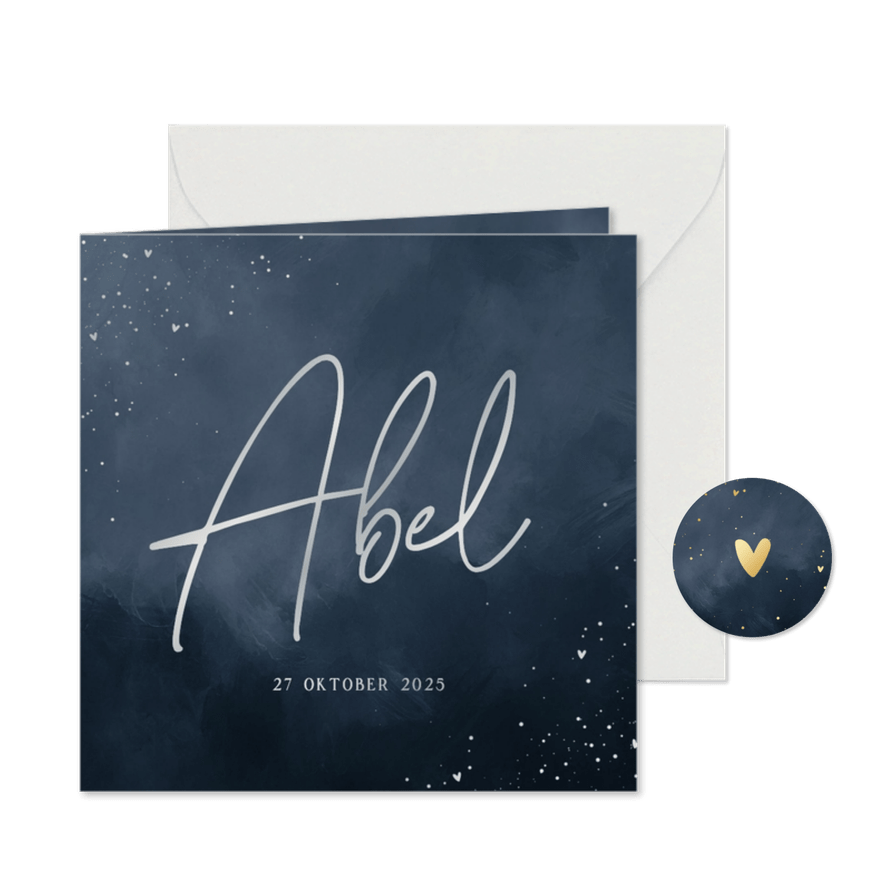 Stijlvol geboortekaartje blauw waterverf zilver spettertjes - Kaartimpressie