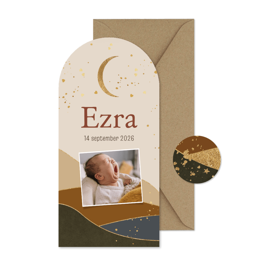 Stijlvol geboortekaartje boog bergen maan foto - Kaartimpressie