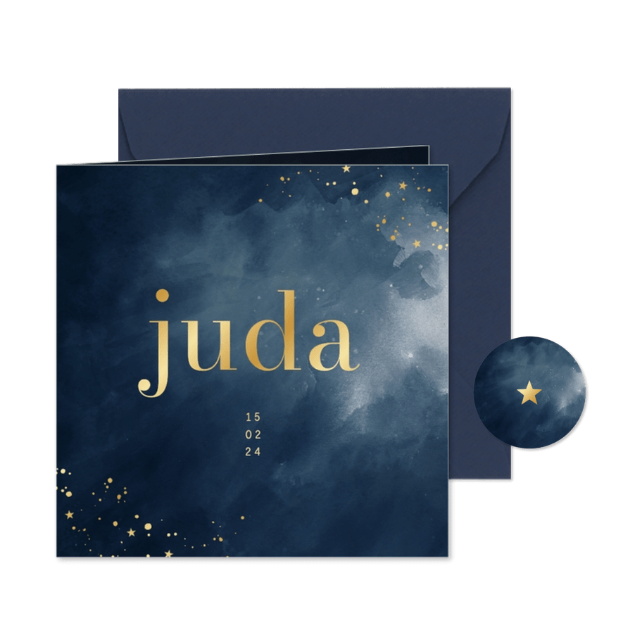 Stijlvol geboortekaartje donkerblauw met goudfolie  - Kaartimpressie