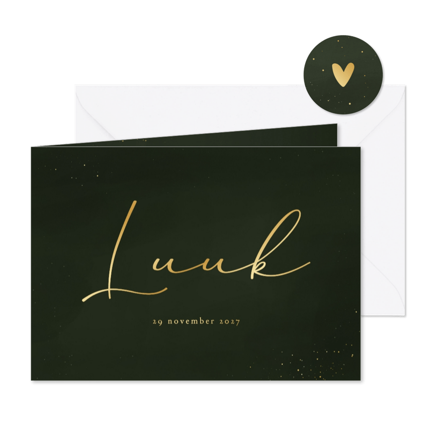 Stijlvol geboortekaartje donkergroen met gouden spettertjes - Kaartimpressie