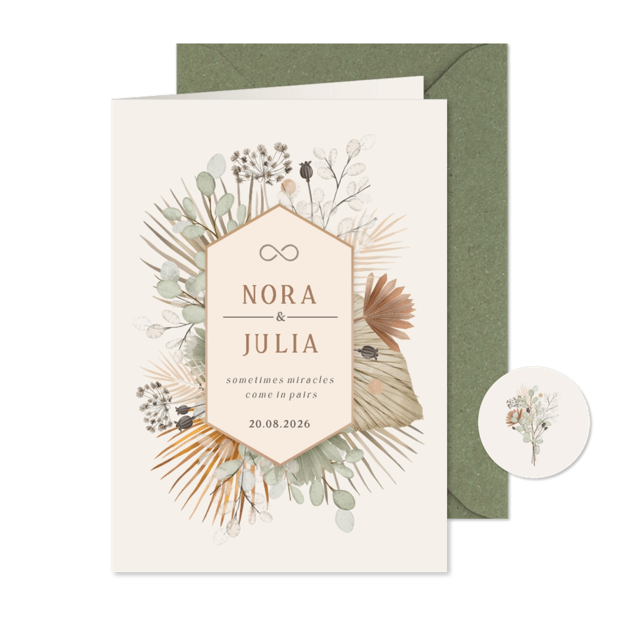 Stijlvol geboortekaartje droogbloemen voor een tweeling  - Kaartimpressie