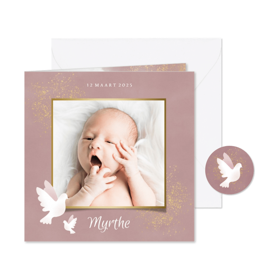 Stijlvol geboortekaartje duif, gouden spetters en waterverf - Kaartimpressie