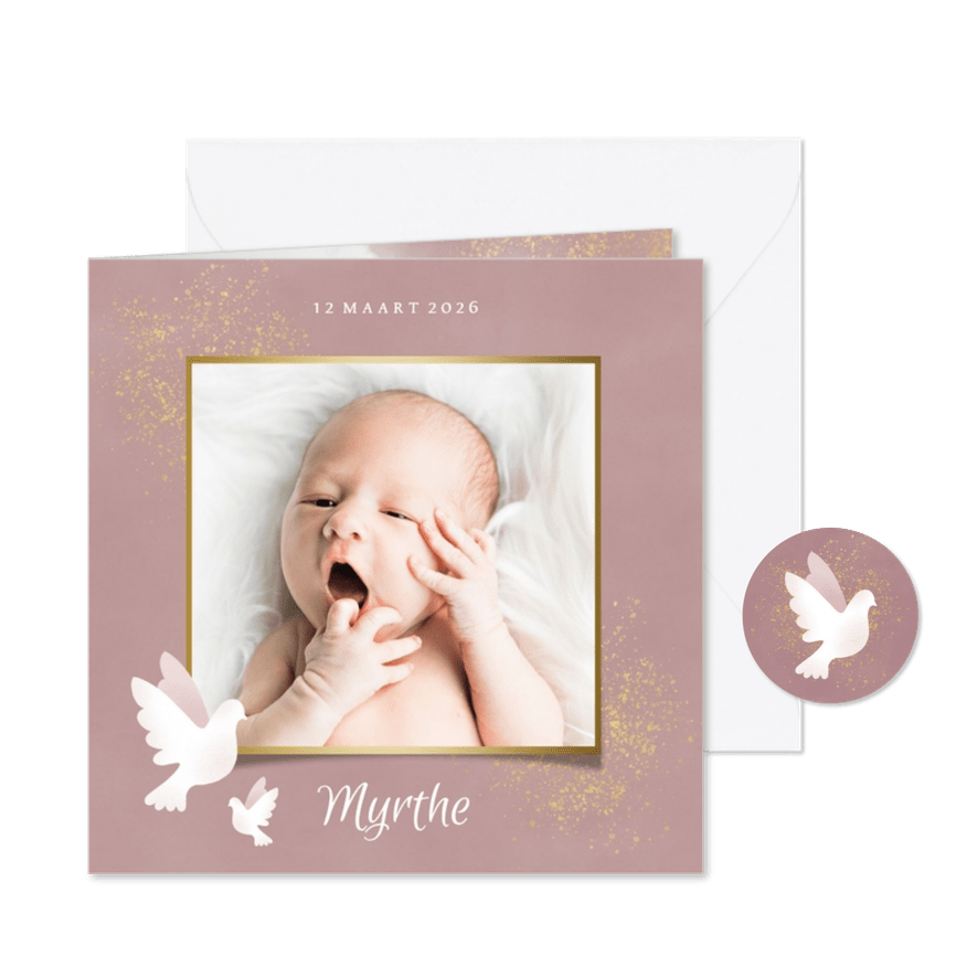 Stijlvol geboortekaartje duif, gouden spetters en waterverf - Kaartimpressie