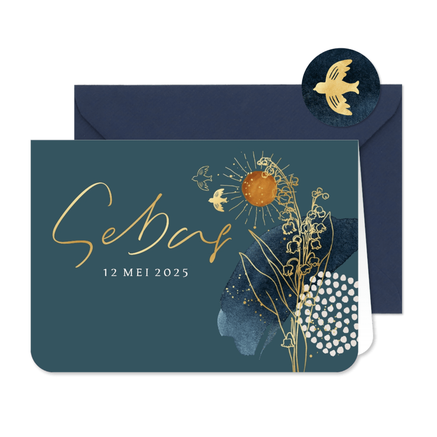 Stijlvol geboortekaartje geboortebloem mei symboliek goud - Kaartimpressie