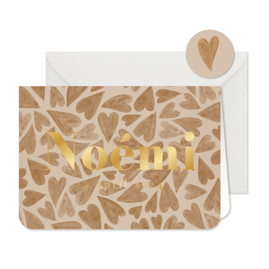 Stijlvol geboortekaartje hartjes beige watercolor goud - Kaartimpressie