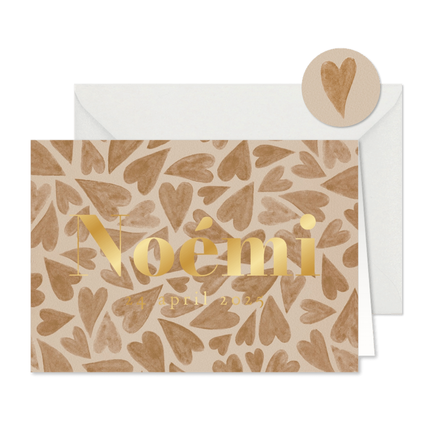 Stijlvol geboortekaartje hartjes beige watercolor goud - Kaartimpressie