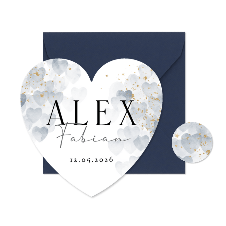Stijlvol geboortekaartje hartjes watercolor blauw klassiek - Kaartimpressie