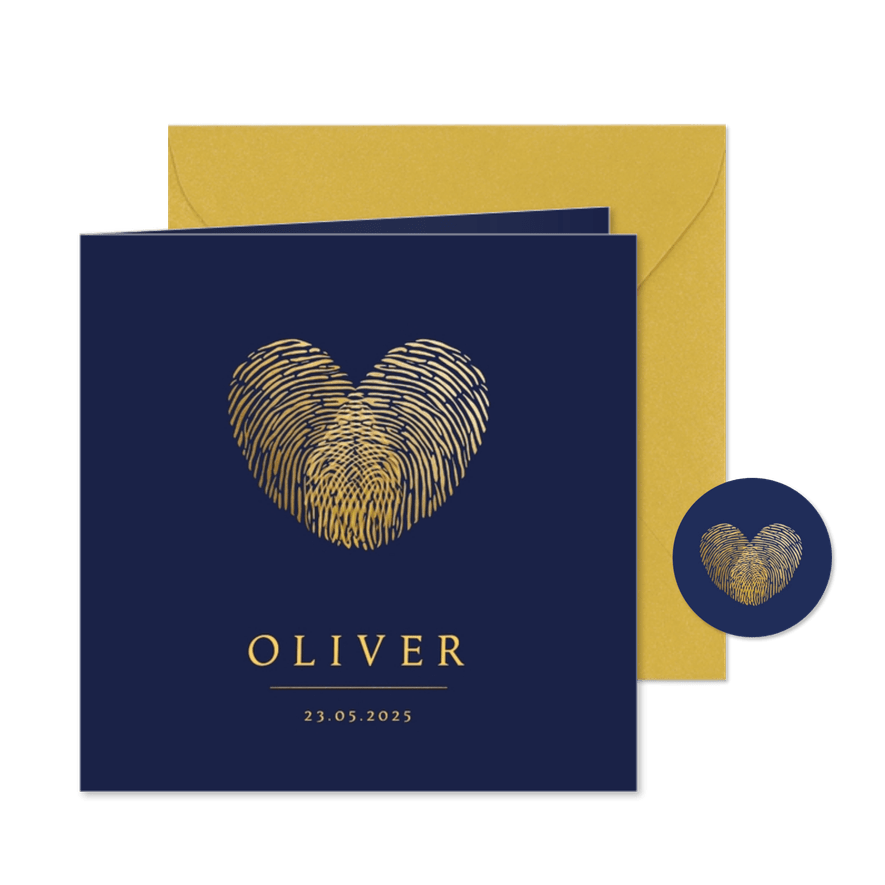 Stijlvol geboortekaartje jongen met hart uit vingerafdrukken - Kaartimpressie