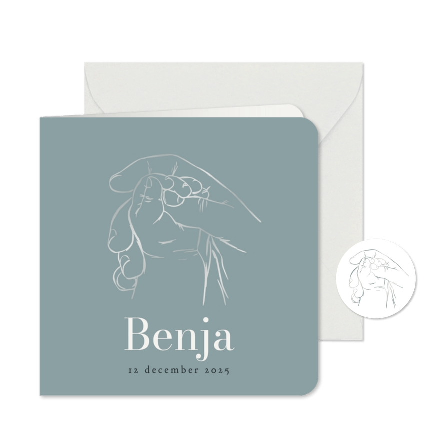 Stijlvol geboortekaartje lijntekening babyhandje christelijk - Kaartimpressie