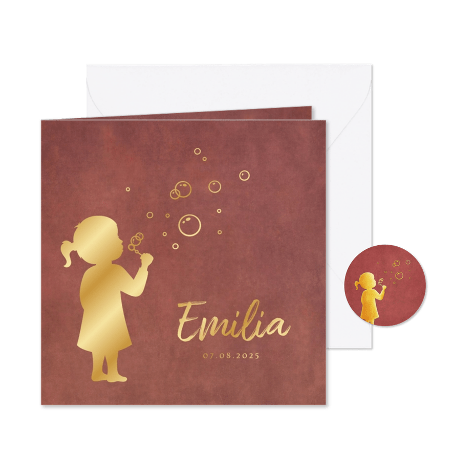 Stijlvol geboortekaartje meisje met bellenblaas silhouet - Kaartimpressie