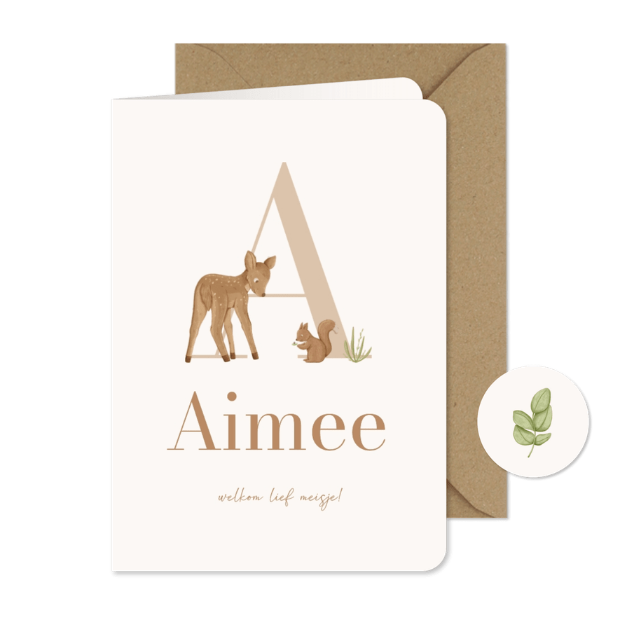 Stijlvol geboortekaartje met dierenletter aanpasbaar - Kaartimpressie