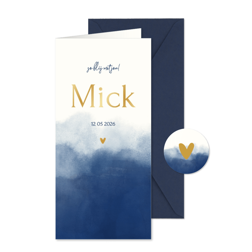 Stijlvol geboortekaartje met donkerblauwe waterverf en hart - Kaartimpressie