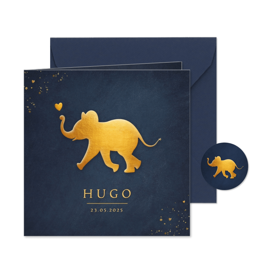 Stijlvol geboortekaartje met silhouet van baby olifant - Kaartimpressie