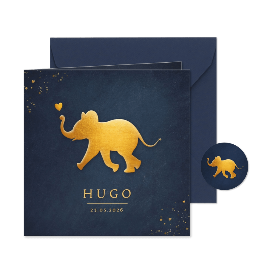 Stijlvol geboortekaartje met silhouet van baby olifant  - Kaartimpressie