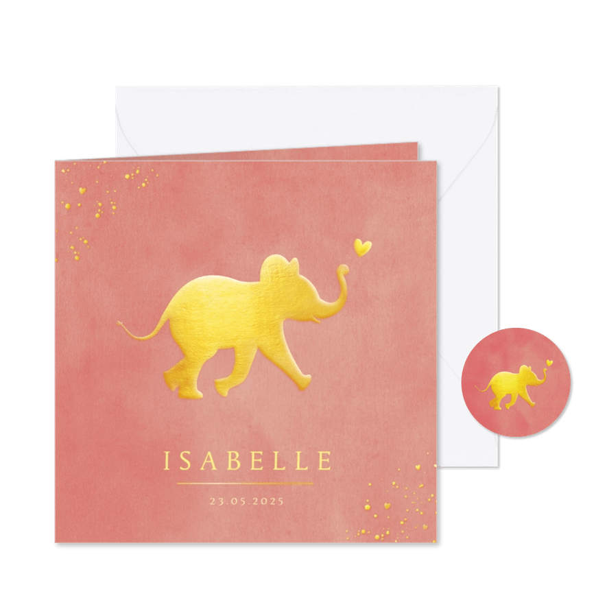 Stijlvol geboortekaartje met silhouet van olifant in goud - Kaartimpressie