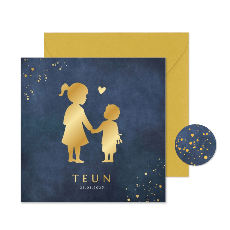 Stijlvol geboortekaartje met silhouet van zus en broertje - Kaartimpressie