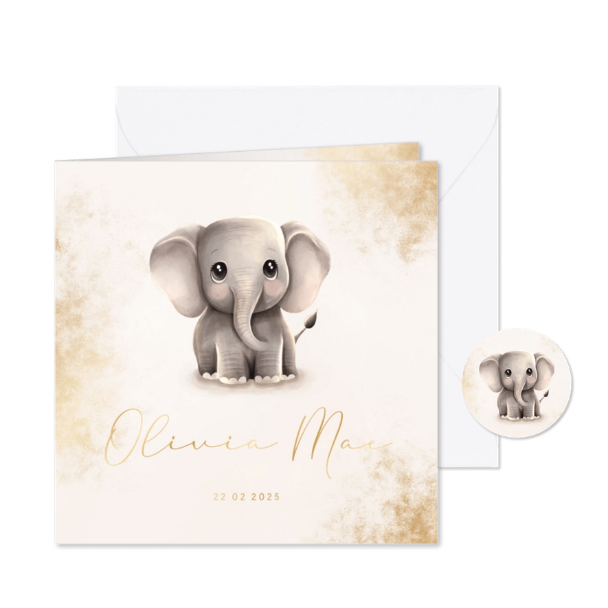 Stijlvol geboortekaartje olifantje met gouden accenten - Kaartimpressie