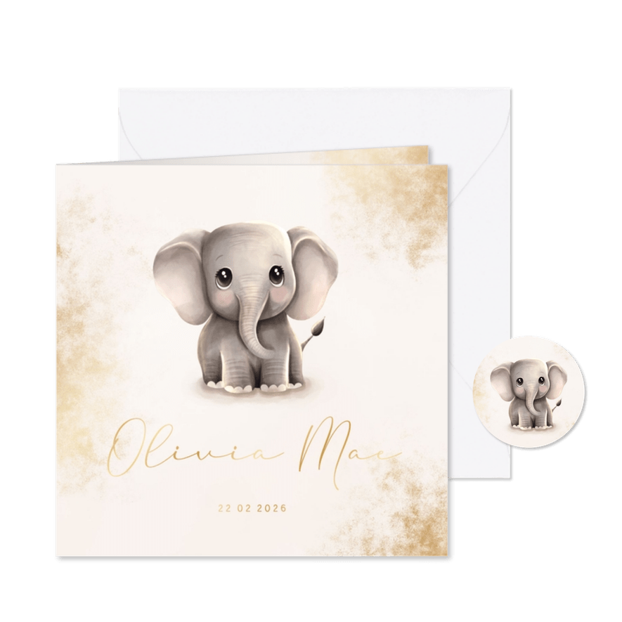 Stijlvol geboortekaartje olifantje met gouden accenten - Kaartimpressie