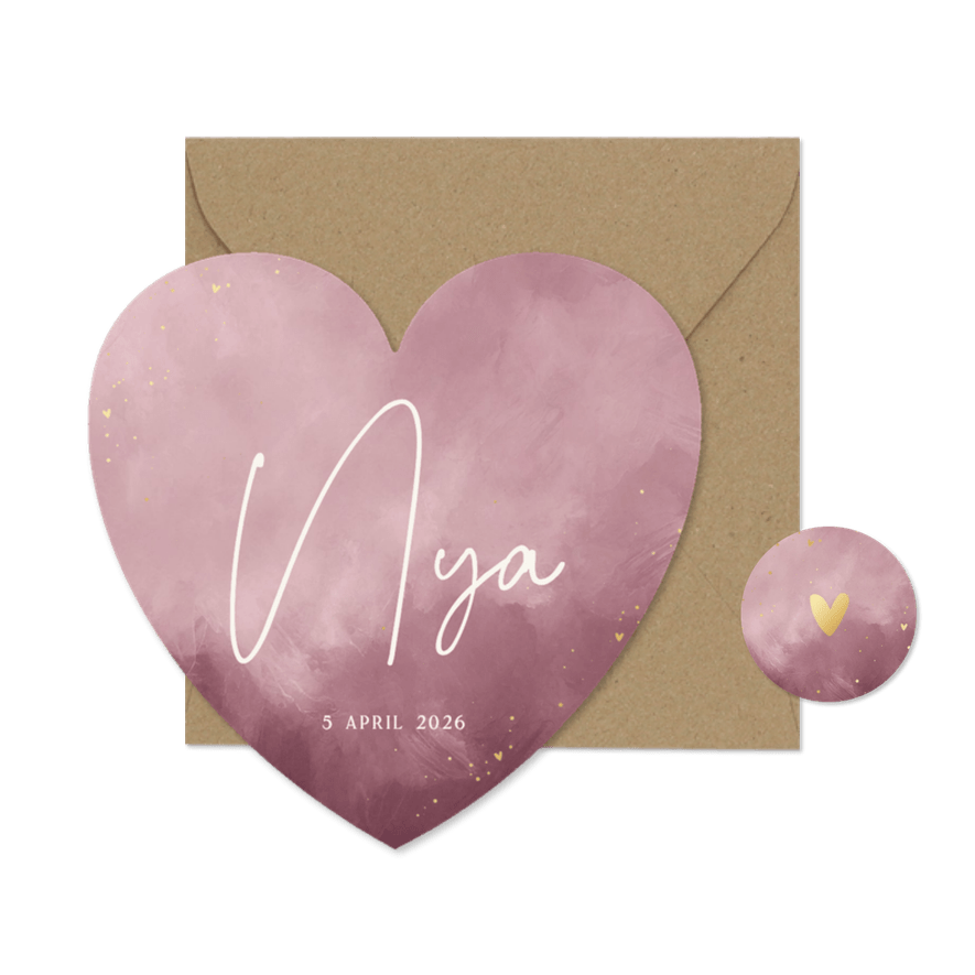 Stijlvol geboortekaartje paars waterverf goud in hartvorm - Kaartimpressie