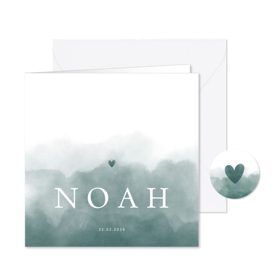 Stijlvol geboortekaartje petrol blauwe waterverf met hartje - Kaartimpressie