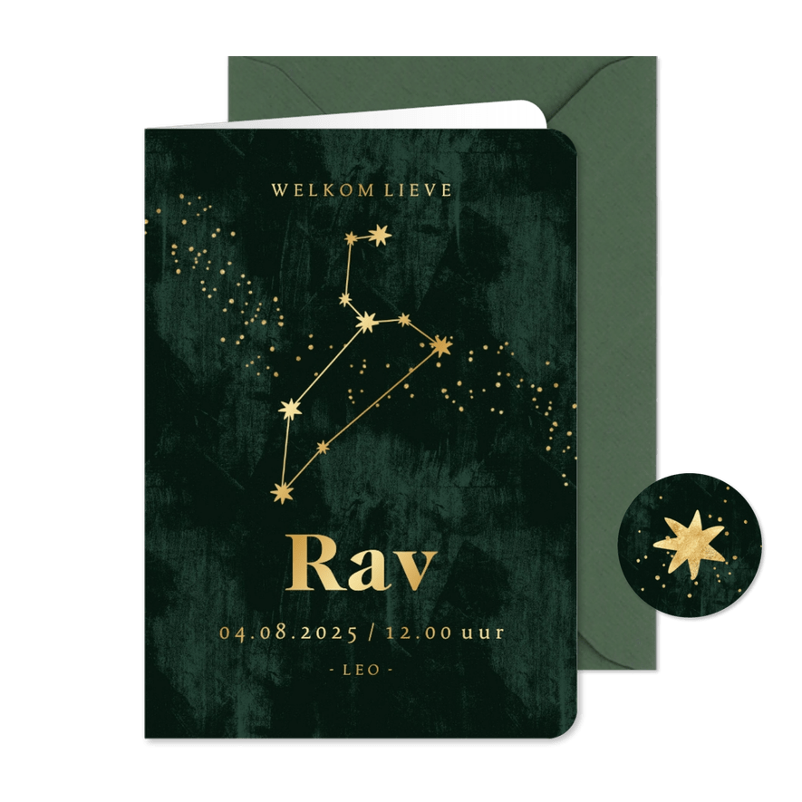 Stijlvol geboortekaartje sterrenbeeld leeuw goudfolie ster - Kaartimpressie