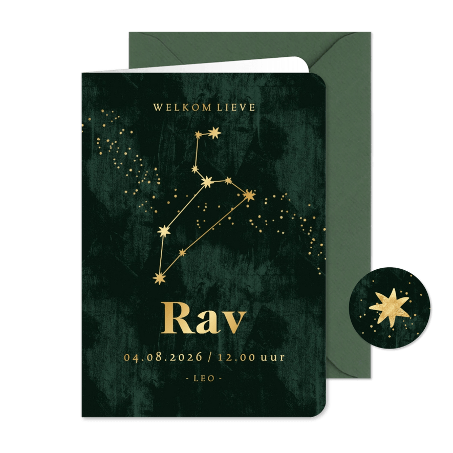 Stijlvol geboortekaartje sterrenbeeld leeuw goudfolie ster - Kaartimpressie