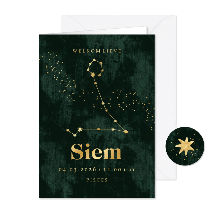 Stijlvol geboortekaartje sterrenbeeld vissen goud spetters - Kaartimpressie