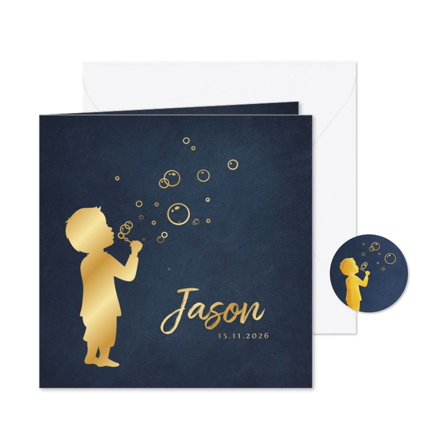 Stijlvol geboortekaartje voor jongen - bellenblaas silhouet - Kaartimpressie