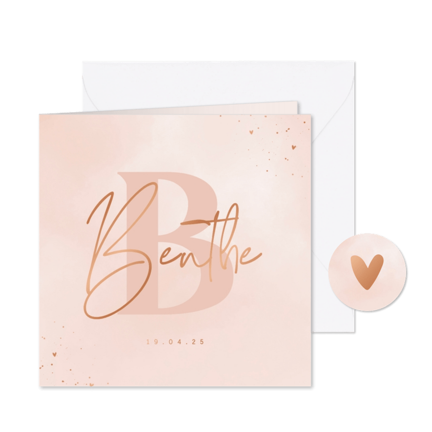 Stijlvol geboortekaartje voorletter baby roze wolkjes koper - Kaartimpressie