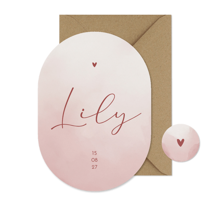 Stijlvol geboortekaartje waterverf ovaal roze - Kaartimpressie