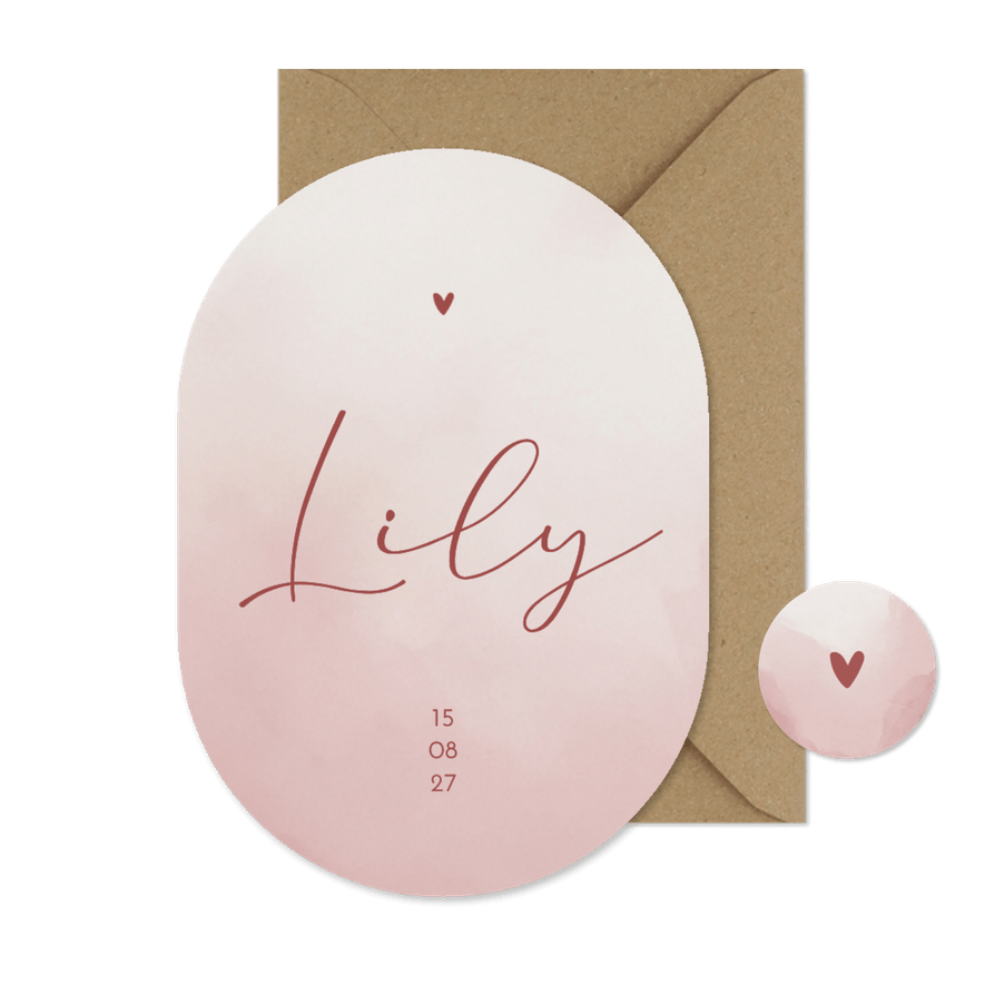 Stijlvol geboortekaartje waterverf ovaal roze - Kaartimpressie