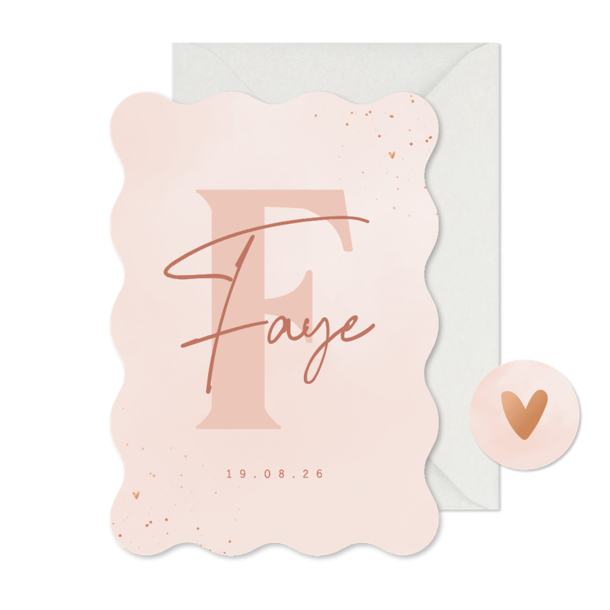 Stijlvol geboortekaartje wave voorletter baby roze wolkjes - Kaartimpressie