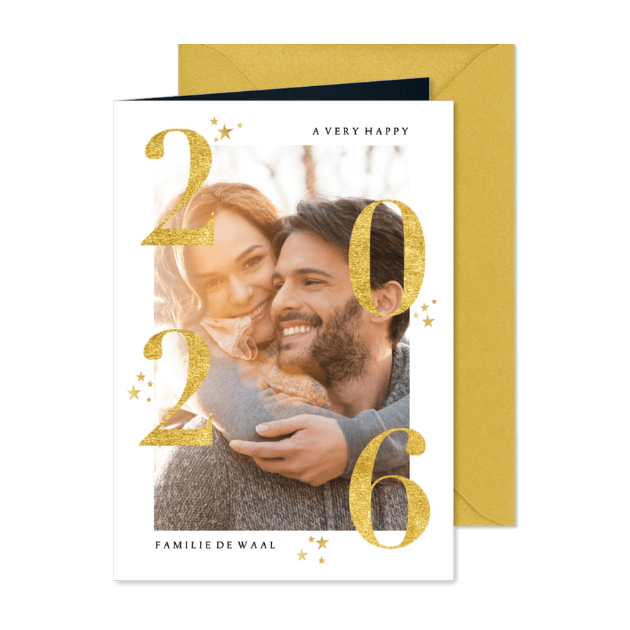 Stijlvol gouden 2026 en grote foto nieuwjaarskaart - Kaartimpressie