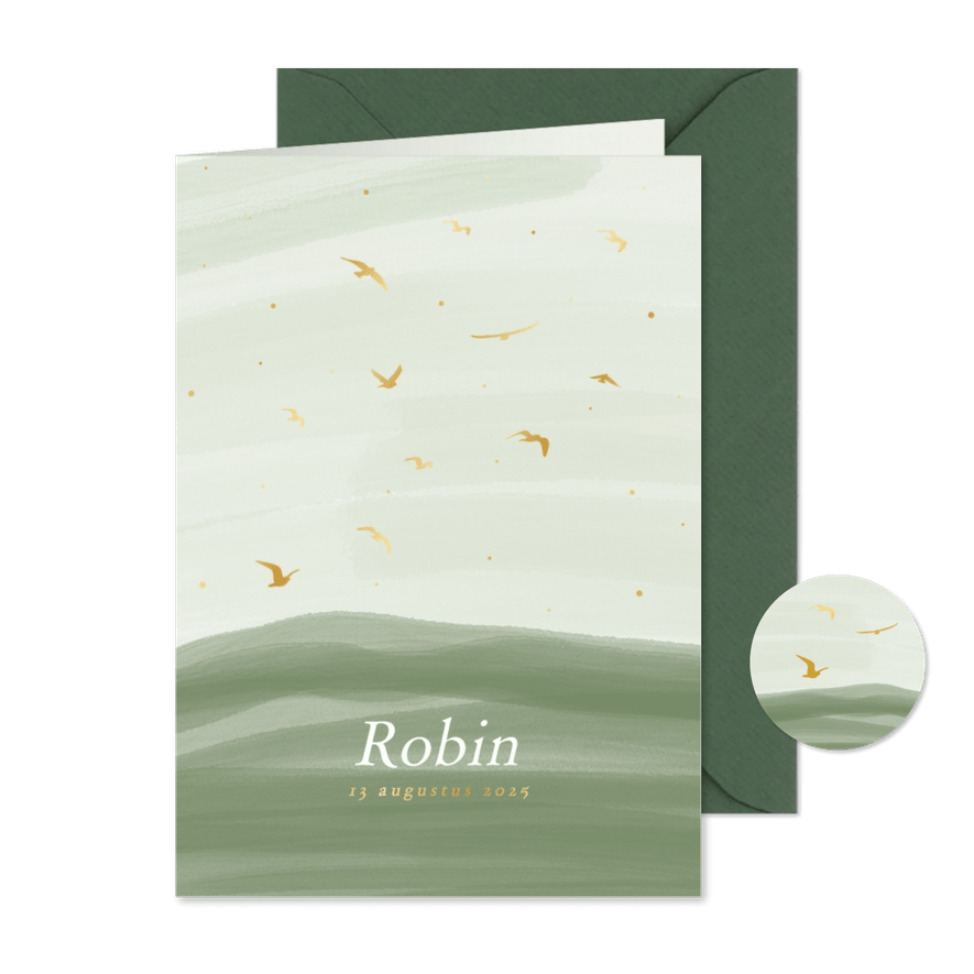 Stijlvol groen geboortekaartje waterverf en vogels goudfolie - Kaartimpressie